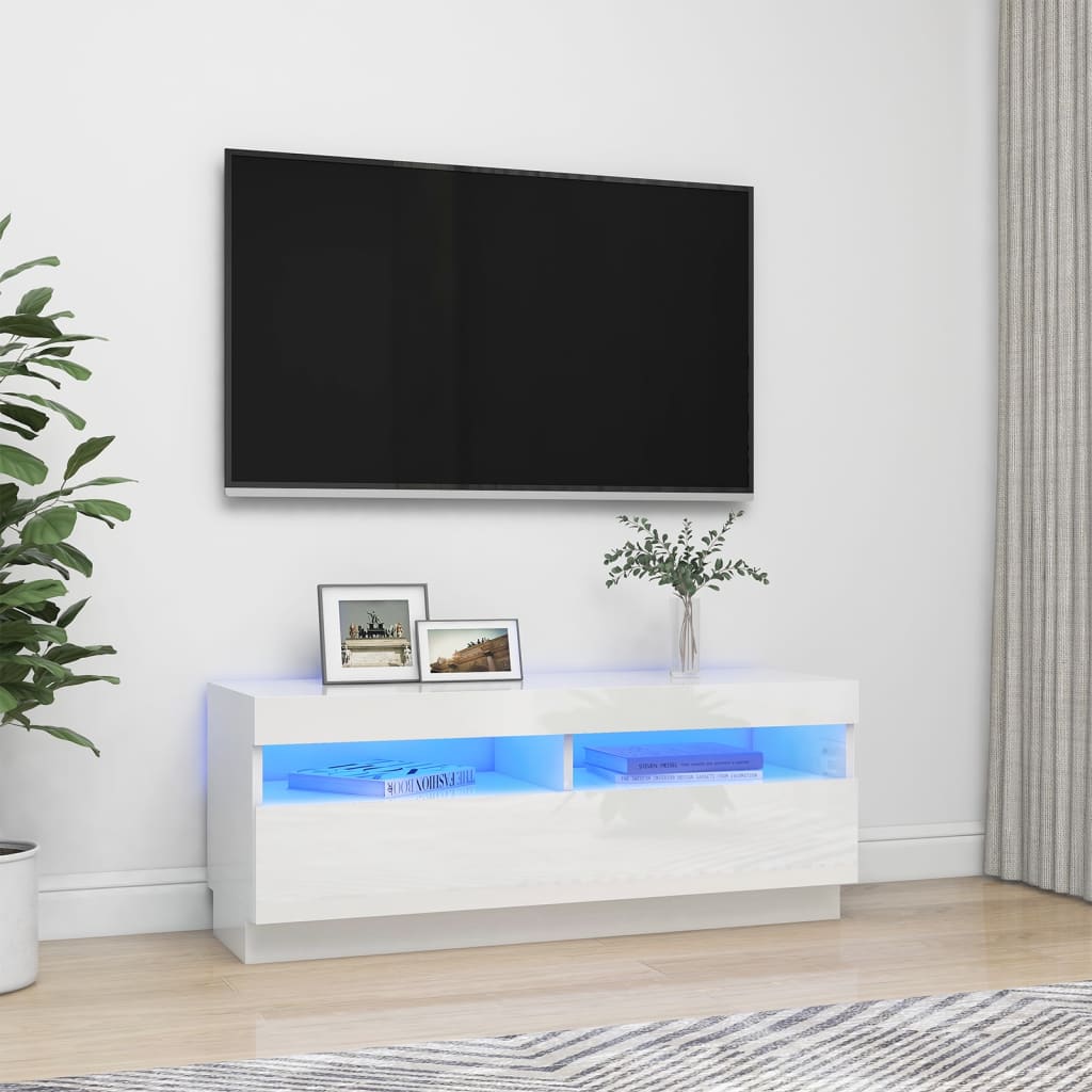 tv-skab med LED-lys 100x35x40 cm hvid højglans