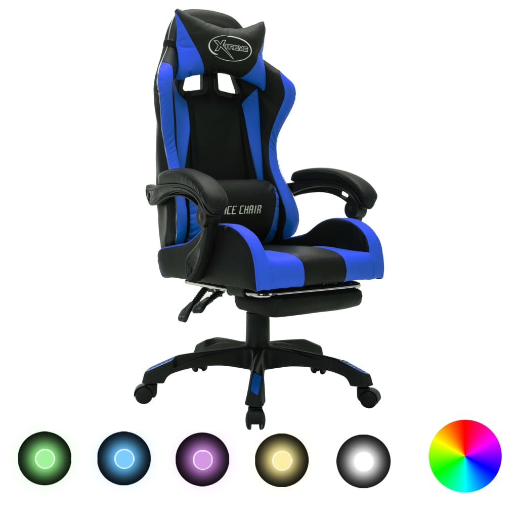 gamingstol m. LED-lys RGB-farver kunstlæder blå og sort