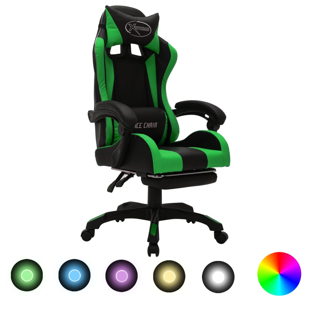 gamingstol m. LED-lys RGB-farver kunstlæder grøn og sort