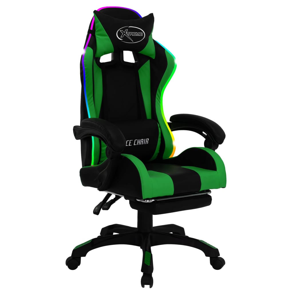 gamingstol m. LED-lys RGB-farver kunstlæder grøn og sort