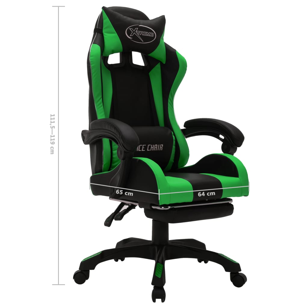 gamingstol m. LED-lys RGB-farver kunstlæder grøn og sort