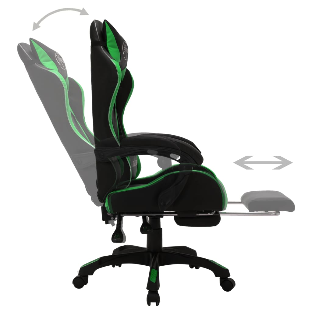 gamingstol m. LED-lys RGB-farver kunstlæder grøn og sort
