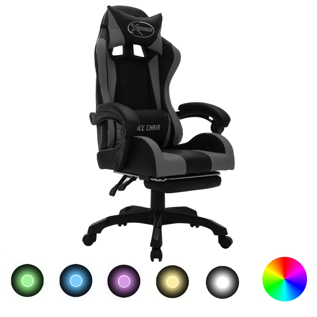gamingstol m. LED-lys RGB-farver kunstlæder grå og sort