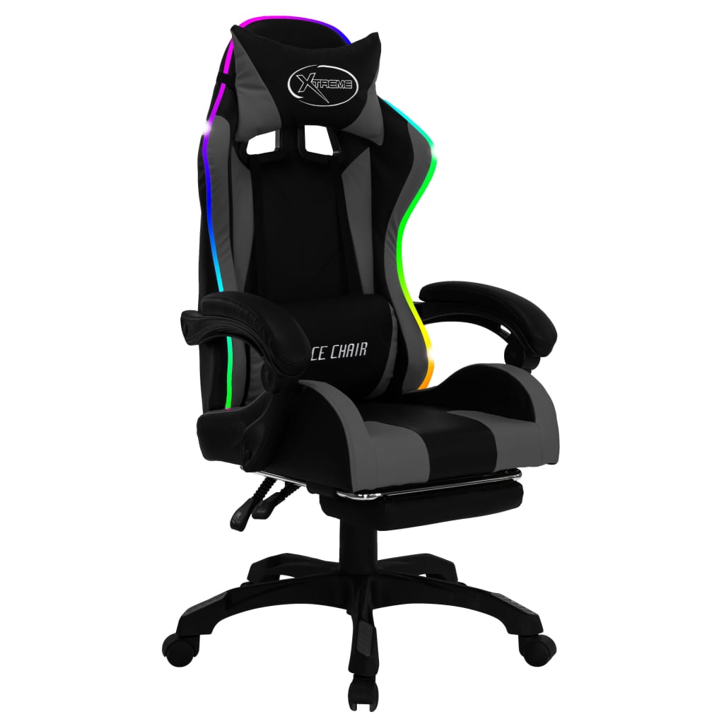 gamingstol m. LED-lys RGB-farver kunstlæder grå og sort