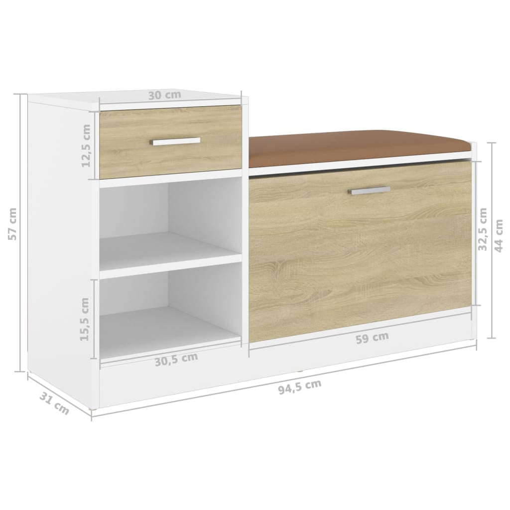 skobænk 94,5x31x57 cm konstrueret træ hvid og sonoma-eg
