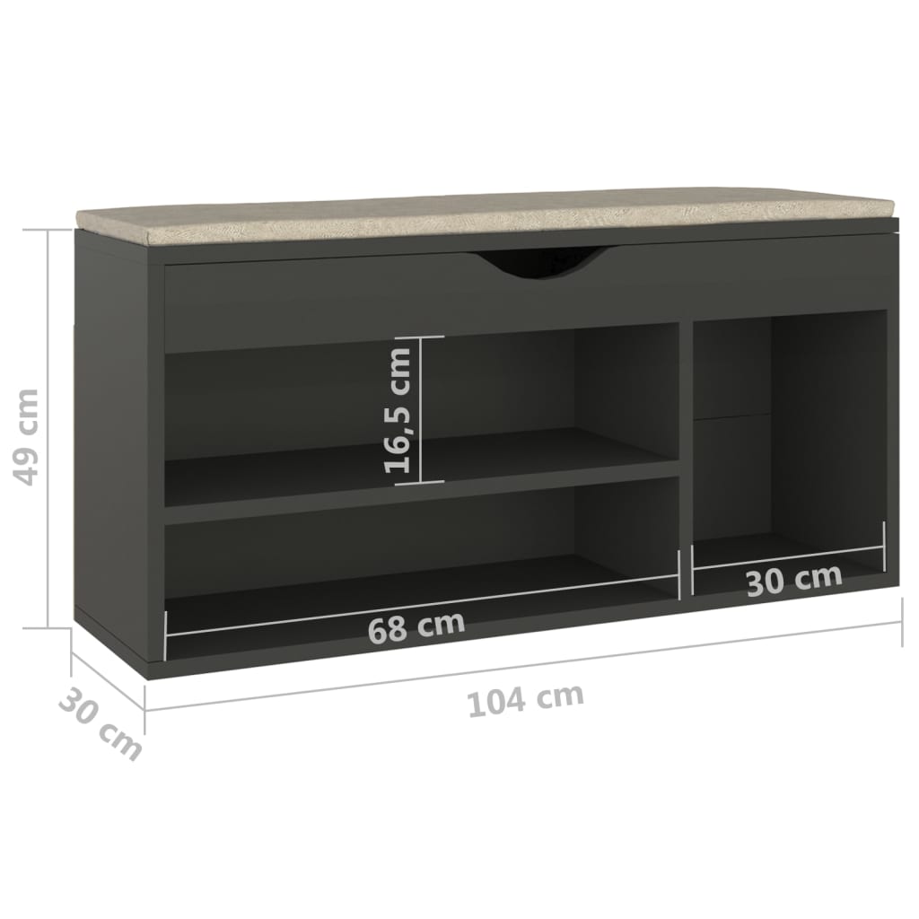 skobænk med hynde 104x30x49 cm konstrueret træ grå