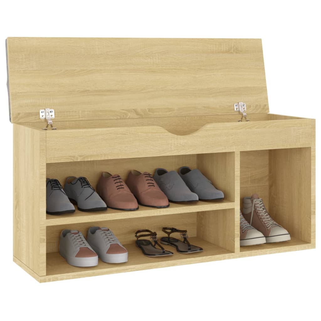 skobænk med hynde 104x30x49 cm konstrueret træ sonoma-eg