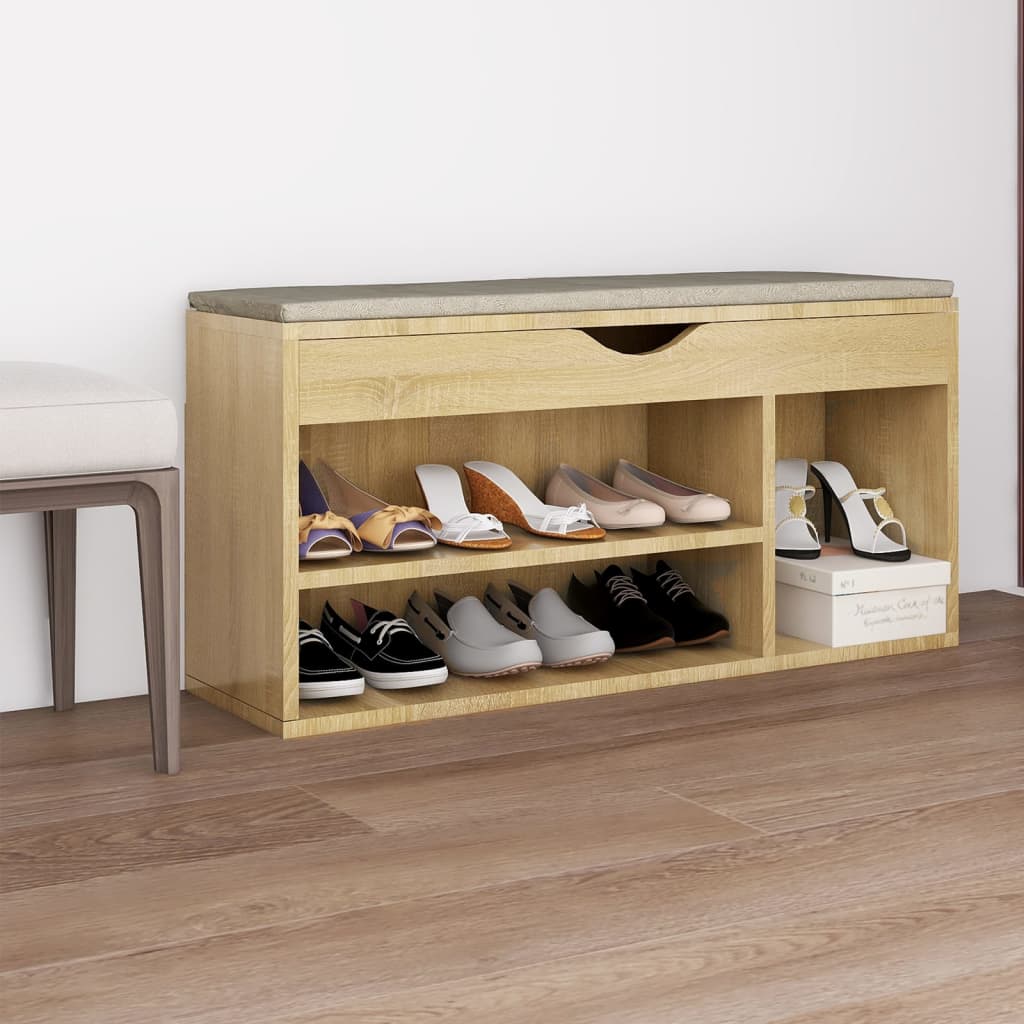 skobænk med hynde 104x30x49 cm konstrueret træ sonoma-eg