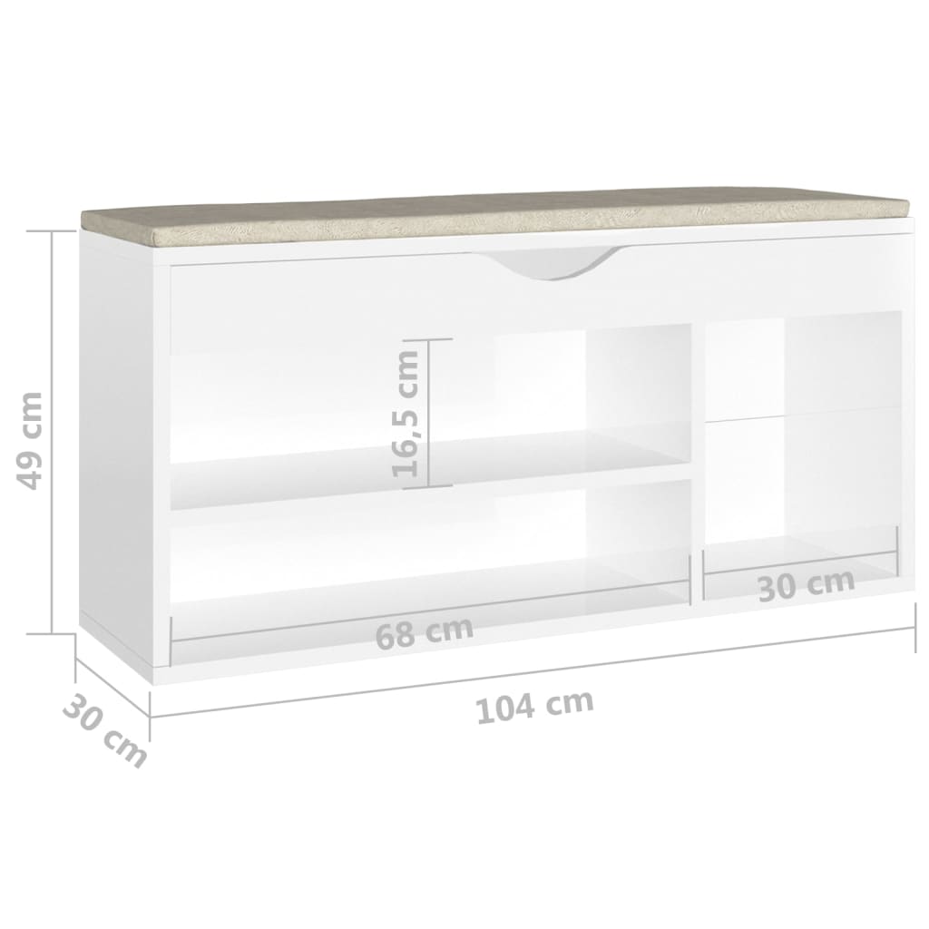 skobænk med hynde 104x30x49 cm konstrueret træ hvid højglans