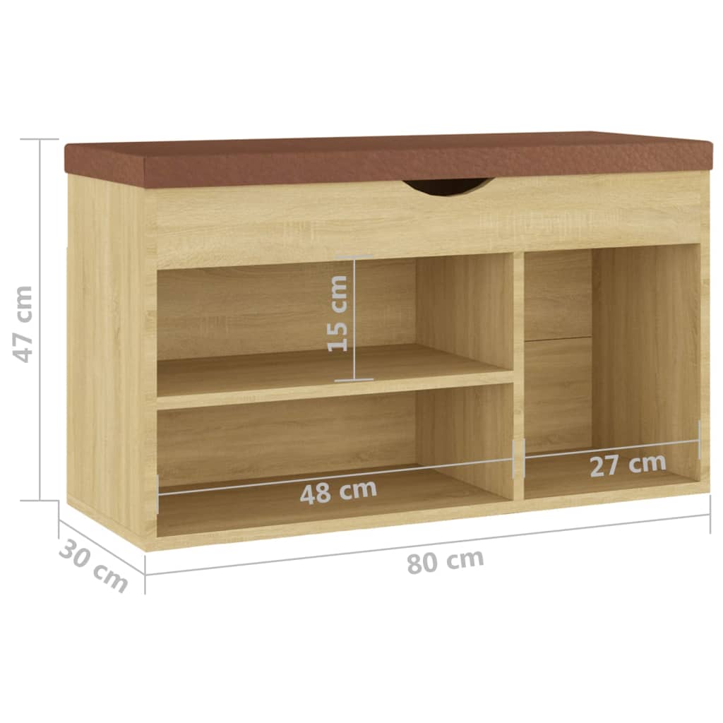 skobænk med hynde 80x30x47 cm konstrueret træ sonoma-eg