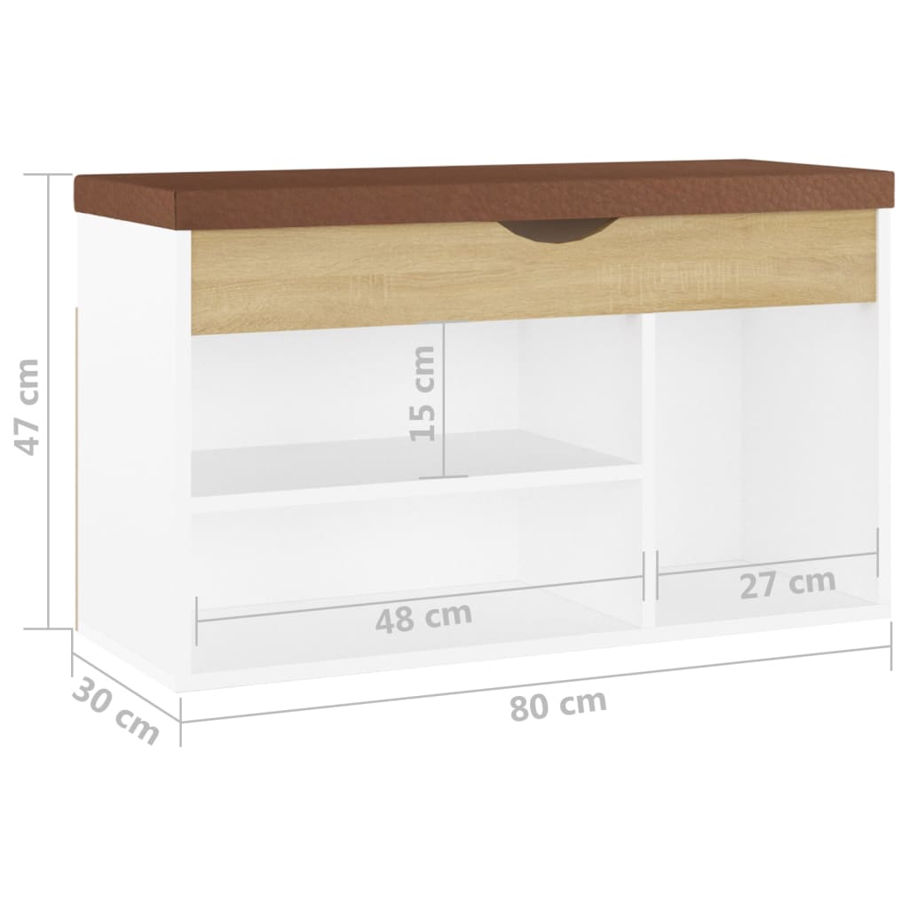 skobænk med hynde 80x30x47 cm konstrueret træ hvid og sonoma-eg