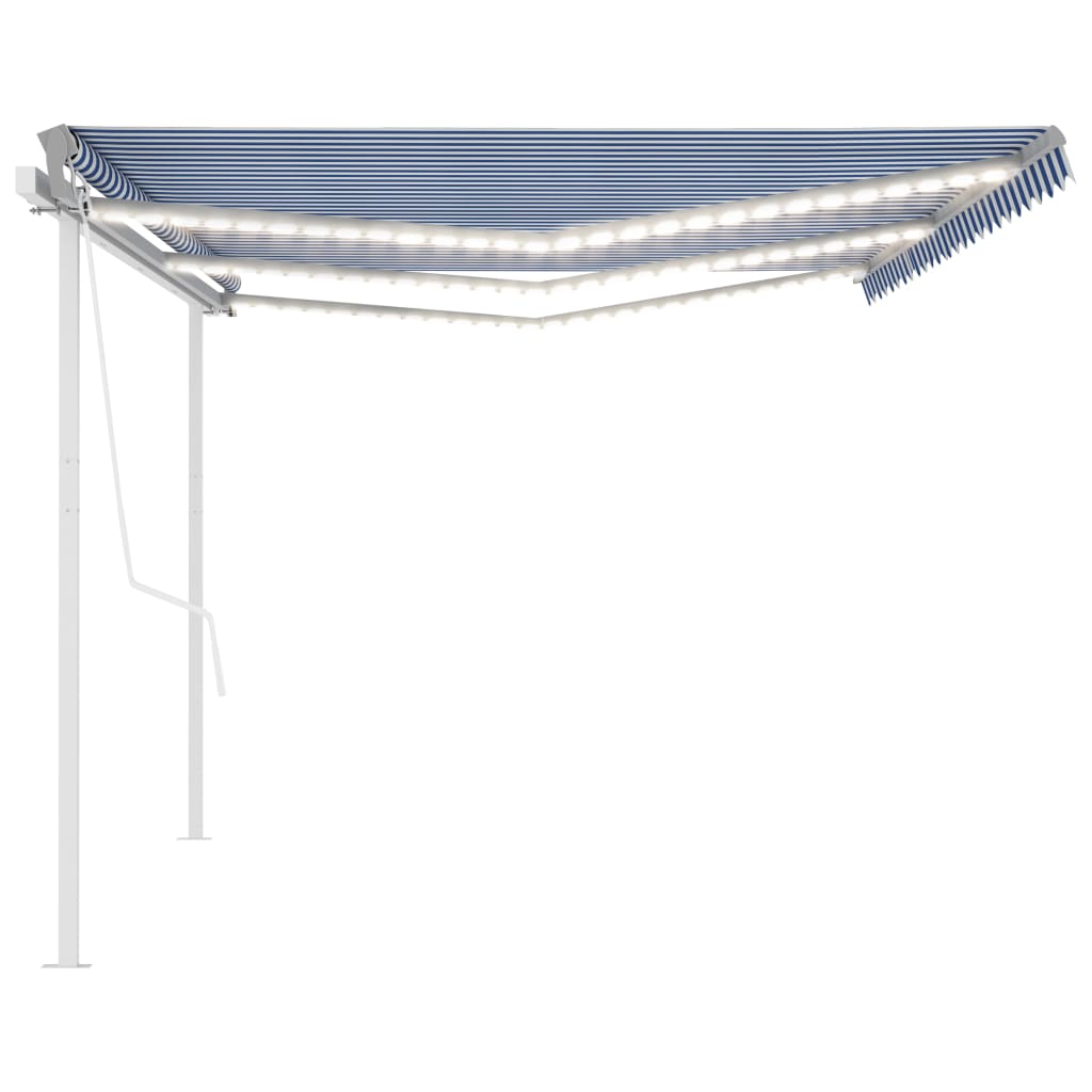 markise med LED-lys 6x3 m manuel betjening blå og hvid