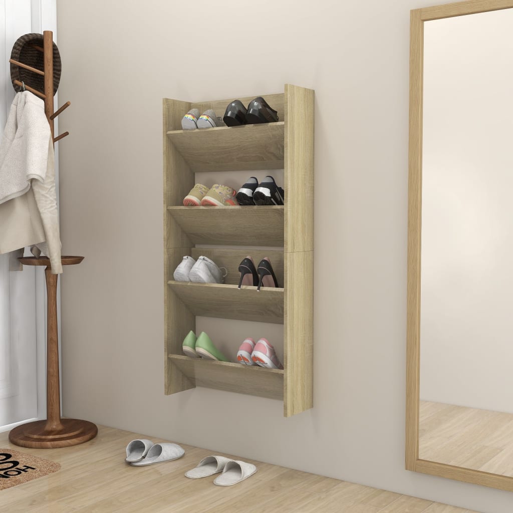 væghængt skoskab 2 stk. 60x18x60 cm konstrueret træ sonoma-eg