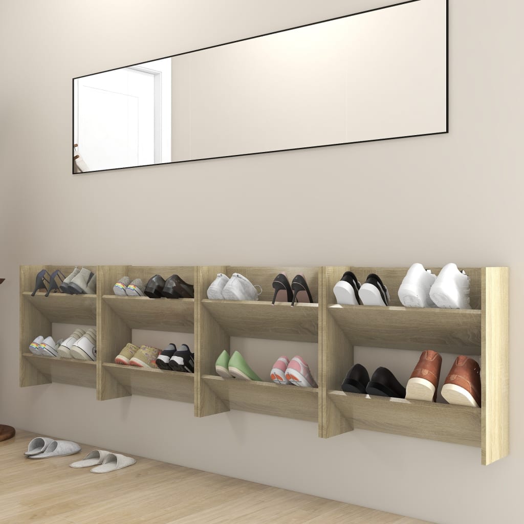 væghængt skoskab 4 stk. 60x18x60 cm konstrueret træ sonoma-eg