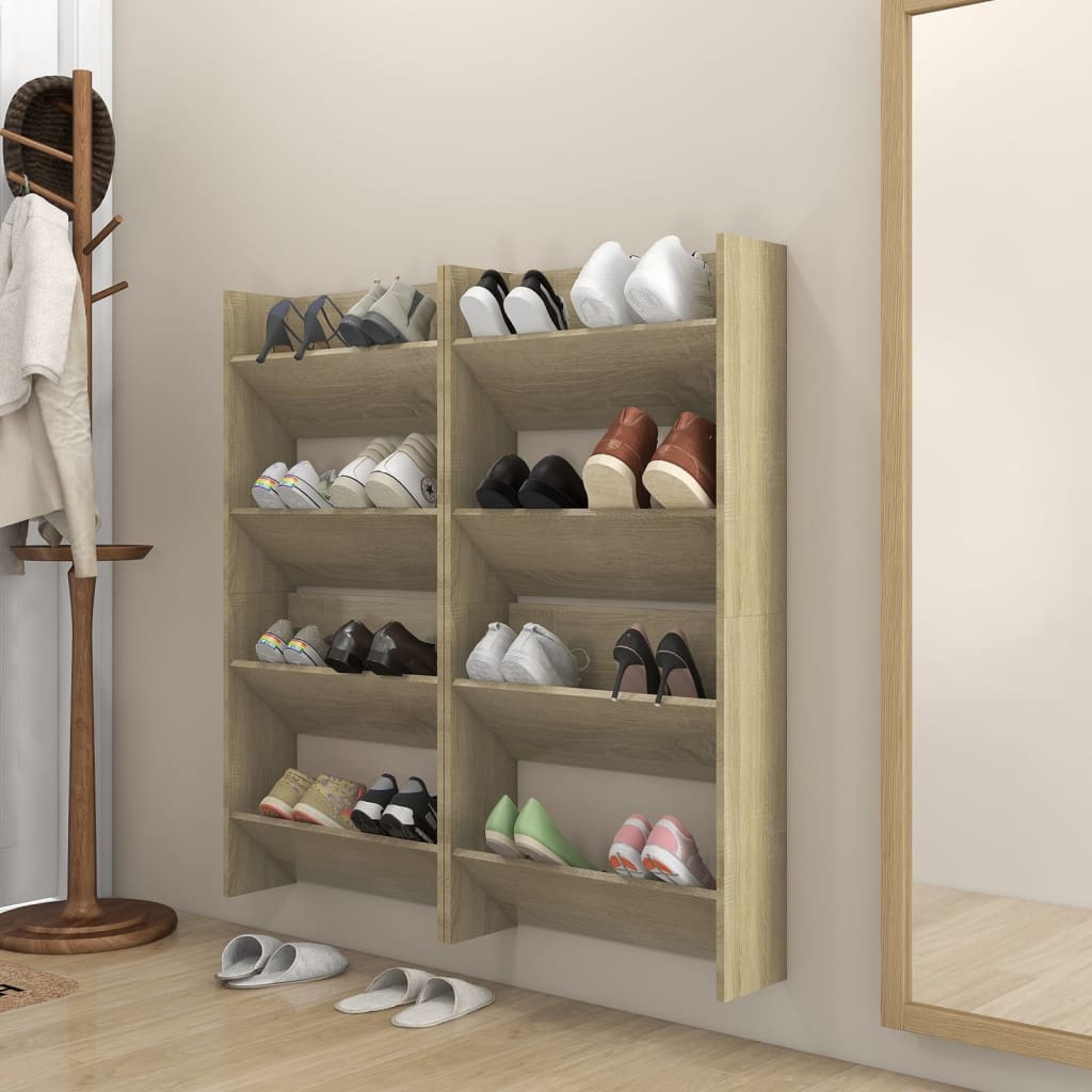 væghængt skoskab 4 stk. 60x18x60 cm konstrueret træ sonoma-eg