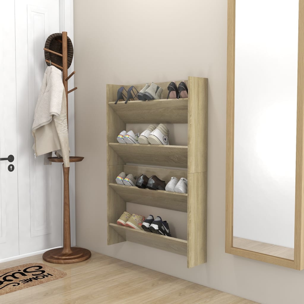 væghængt skoskab 2 stk. 80x18x60 cm konstrueret træ sonoma-eg