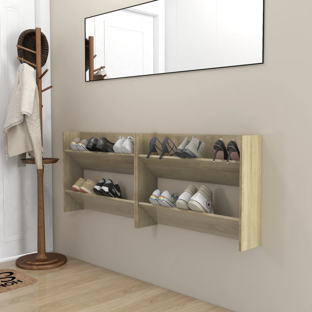 væghængt skoskab 2 stk. 80x18x60 cm konstrueret træ sonoma-eg