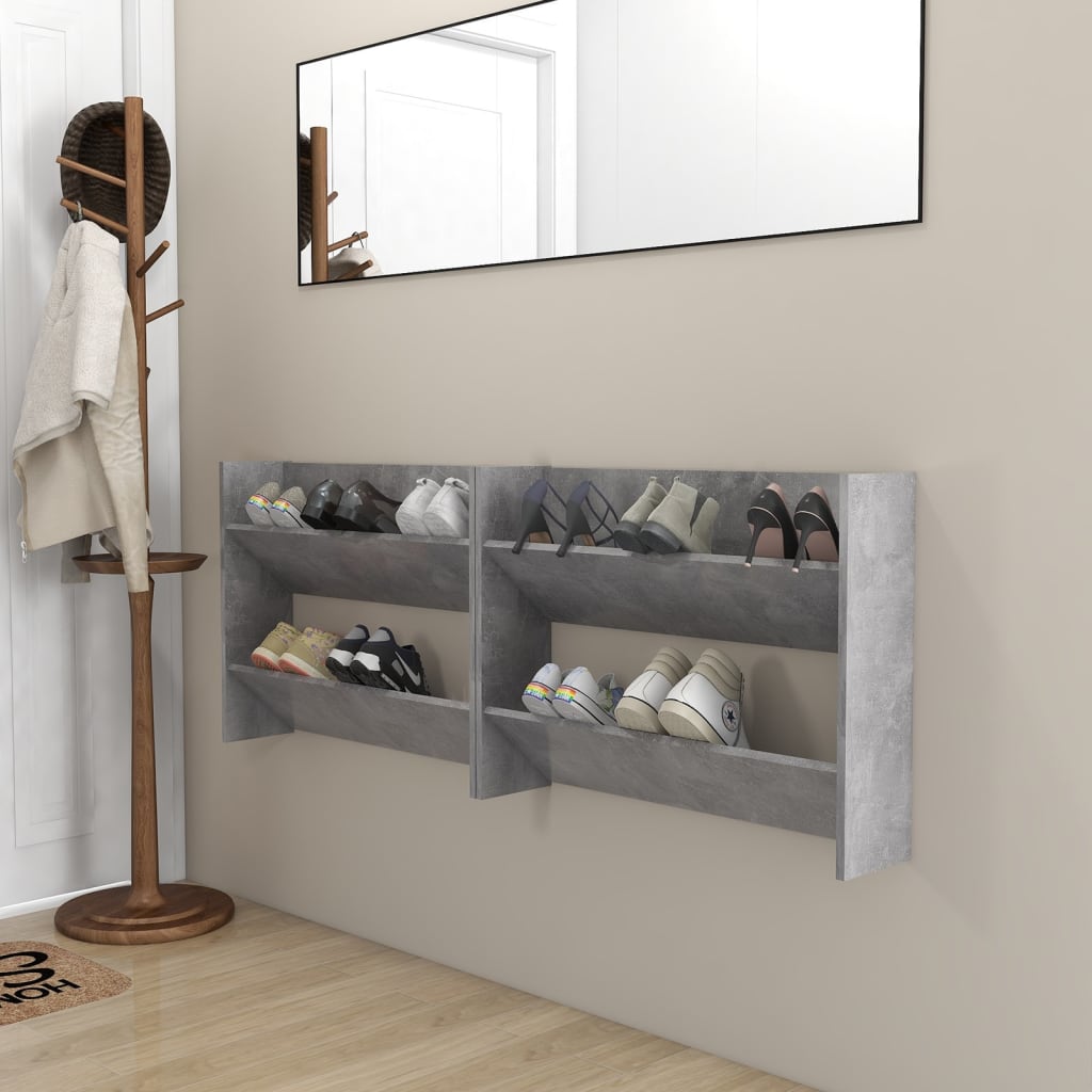 væghængte skoskabe 2 stk. 80x18x60 cm spånplade betongrå