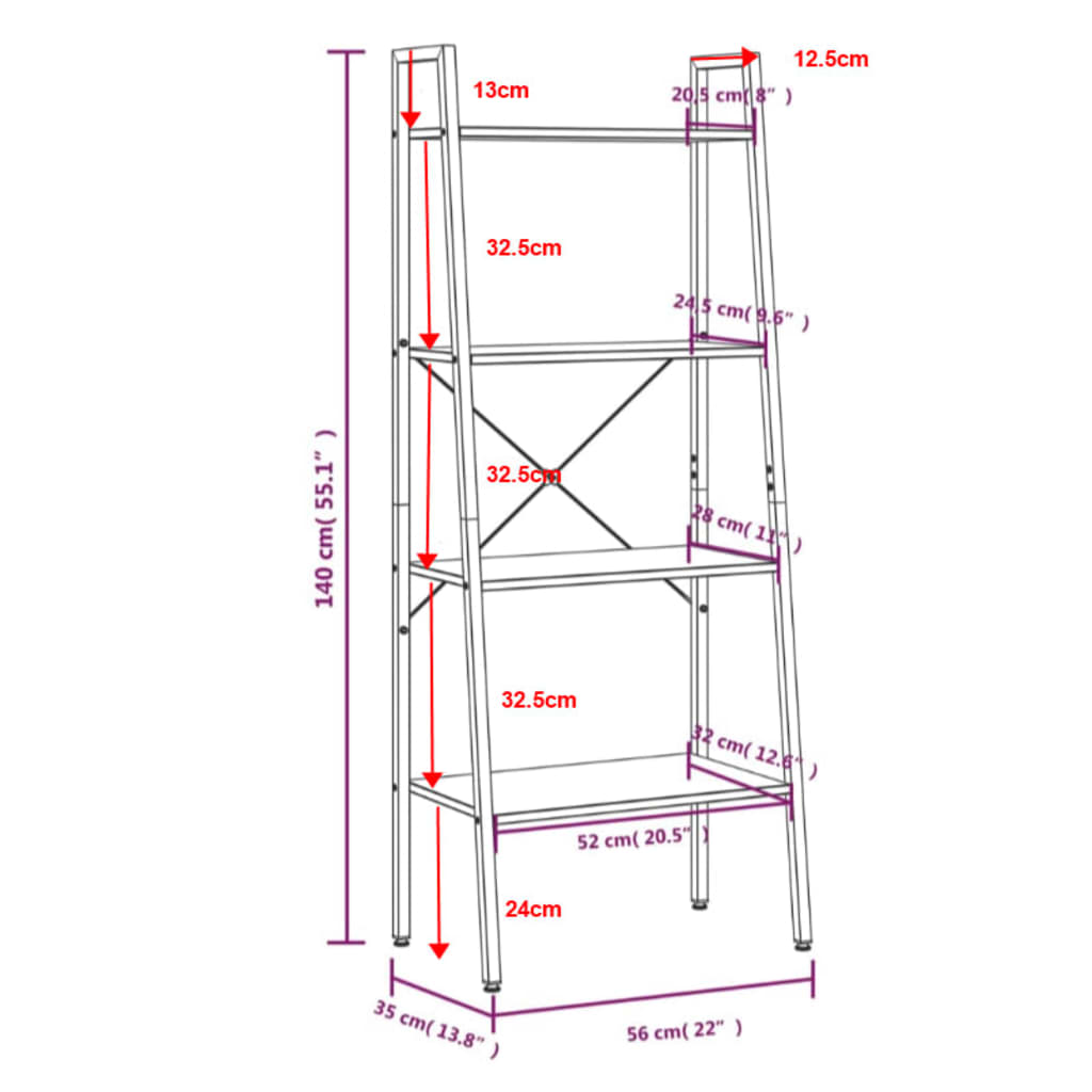 stigereol med 4 hylder 56x35x140 cm sort