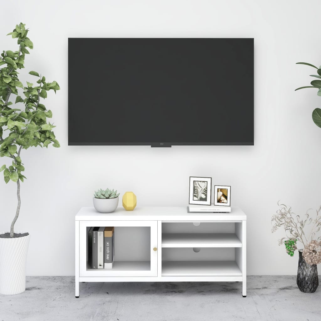 tv-skab 90x30x44 cm stål og glas hvid