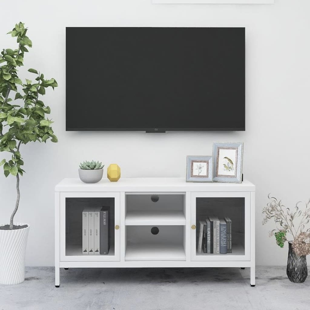 tv-skab 105x35x52 cm stål og glas hvid