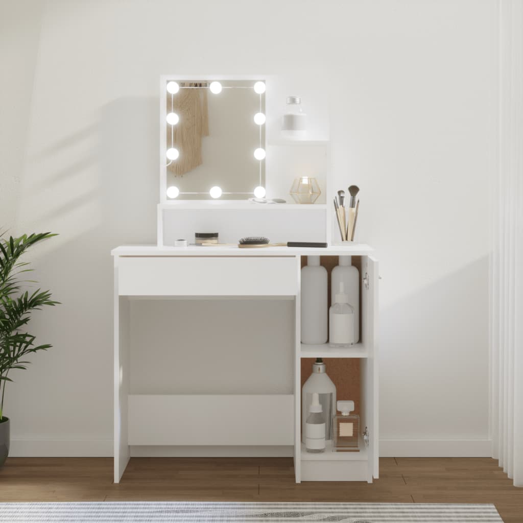 makeupbord med LED-lys 86,5x35x136 cm hvid