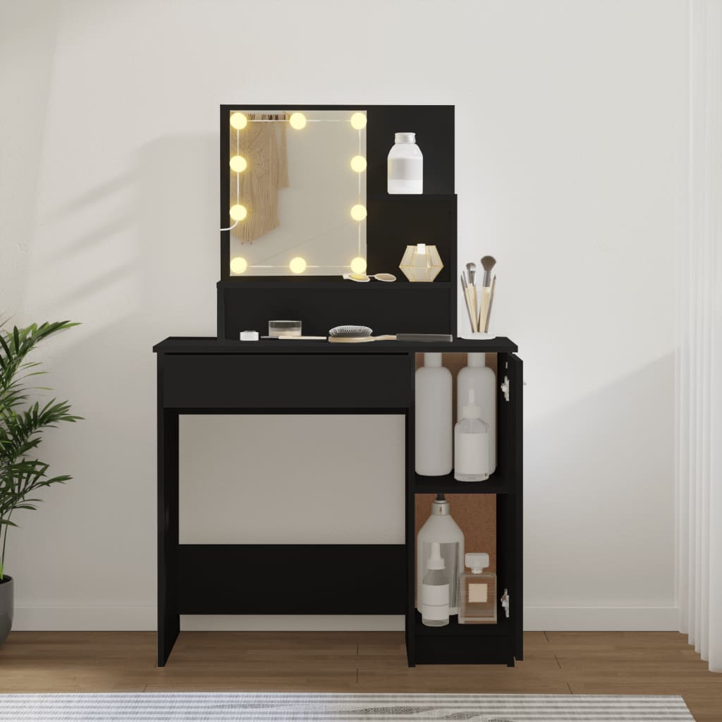 makeupbord med LED-lys 86,5x35x136 cm sort