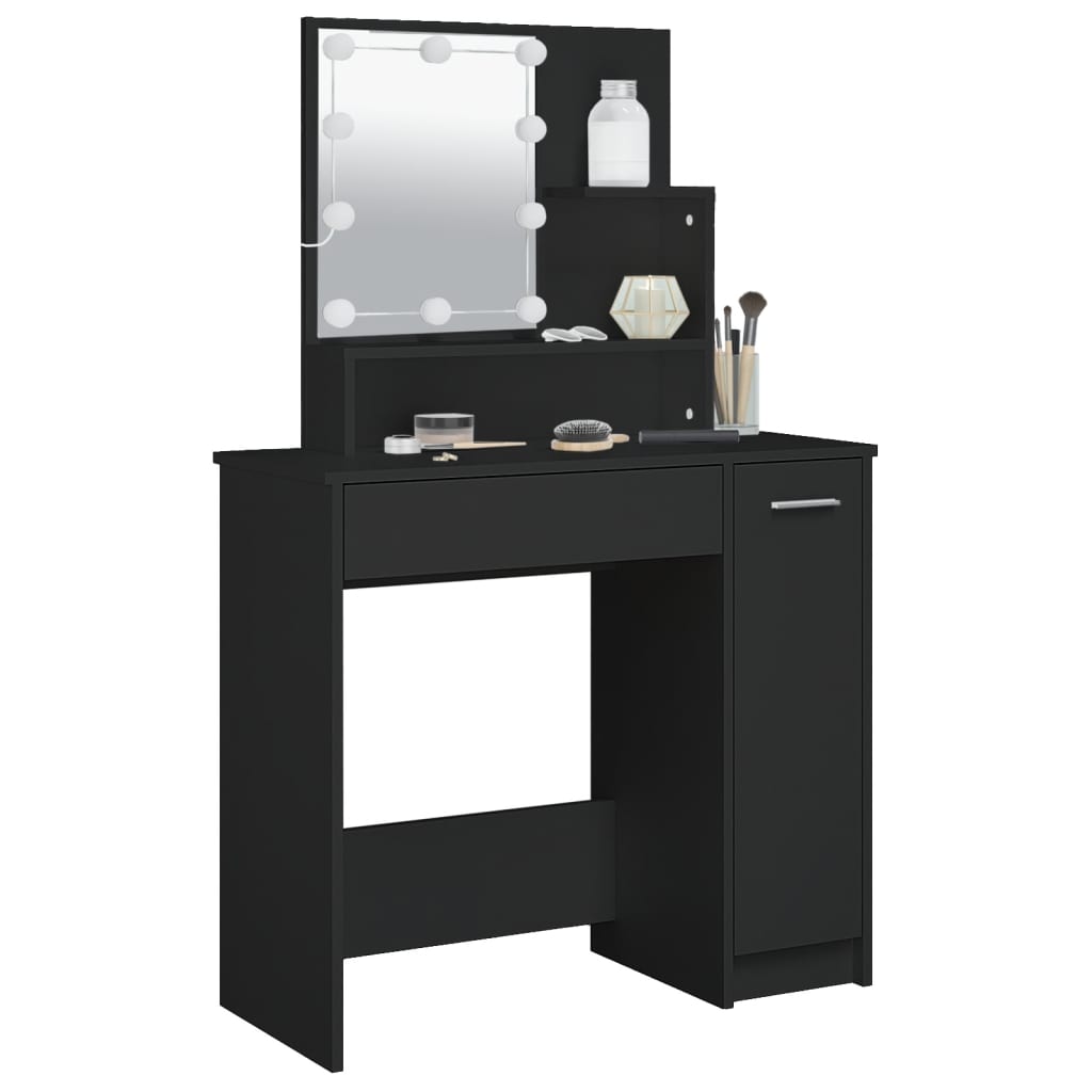 makeupbord med LED-lys 86,5x35x136 cm sort