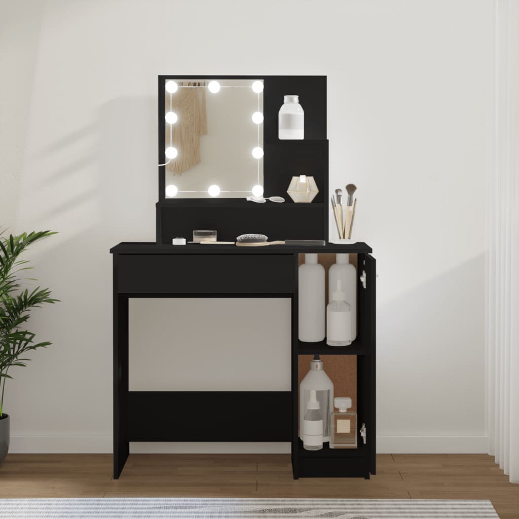 makeupbord med LED-lys 86,5x35x136 cm sort