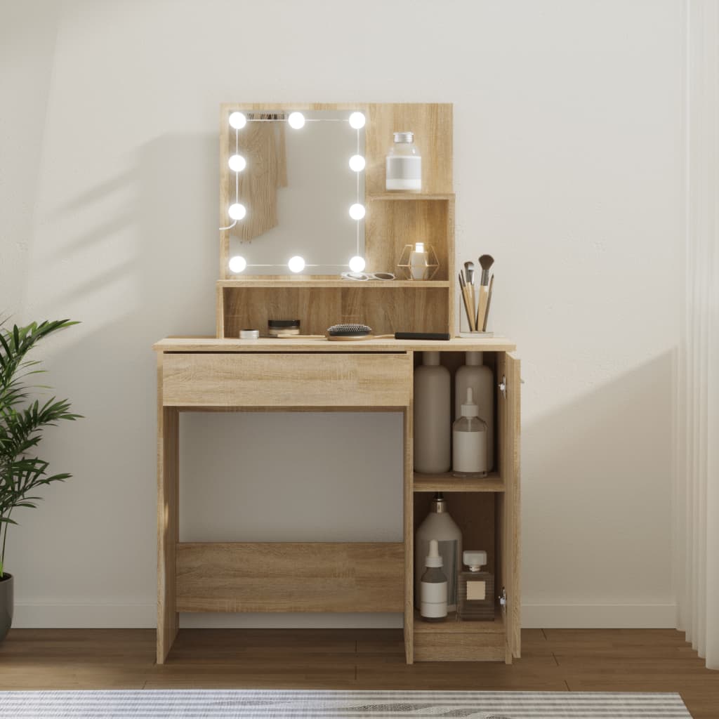 makeupbord med LED-lys 86,5x35x136 cm sonoma-eg