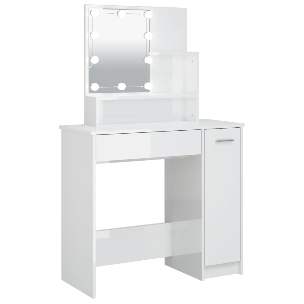 makeupbord med LED-lys 86,5x35x136 cm hvid højglans