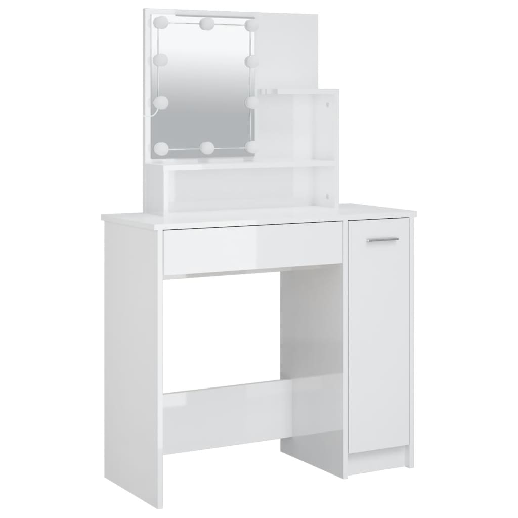 makeupbord med LED-lys 86,5x35x136 cm hvid højglans