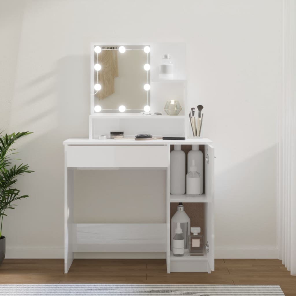 makeupbord med LED-lys 86,5x35x136 cm hvid højglans