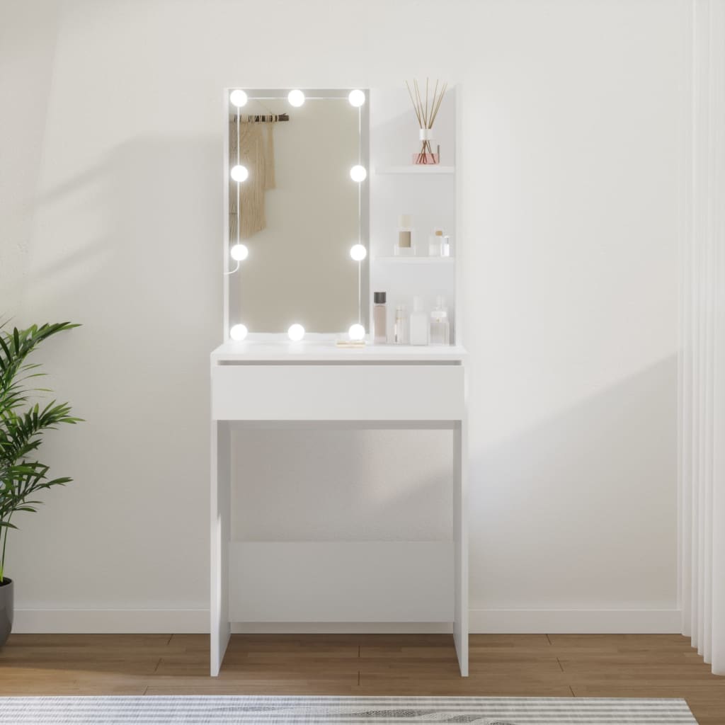 makeupbord med LED-lys 60x40x140 cm hvid