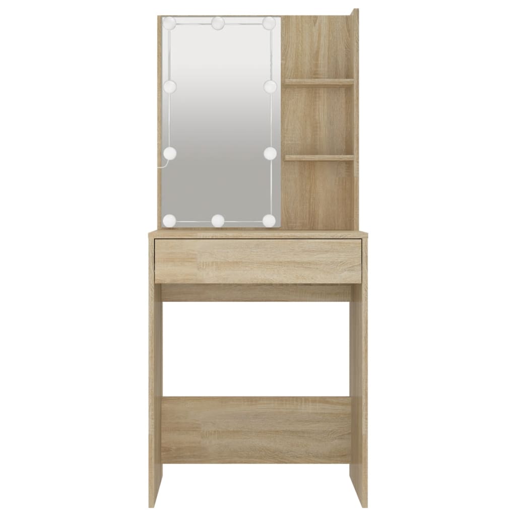 makeupbord med LED-lys 60x40x140 cm sonoma-eg