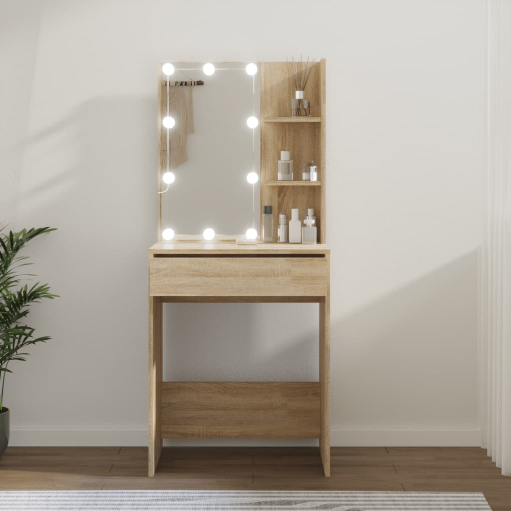 makeupbord med LED-lys 60x40x140 cm sonoma-eg