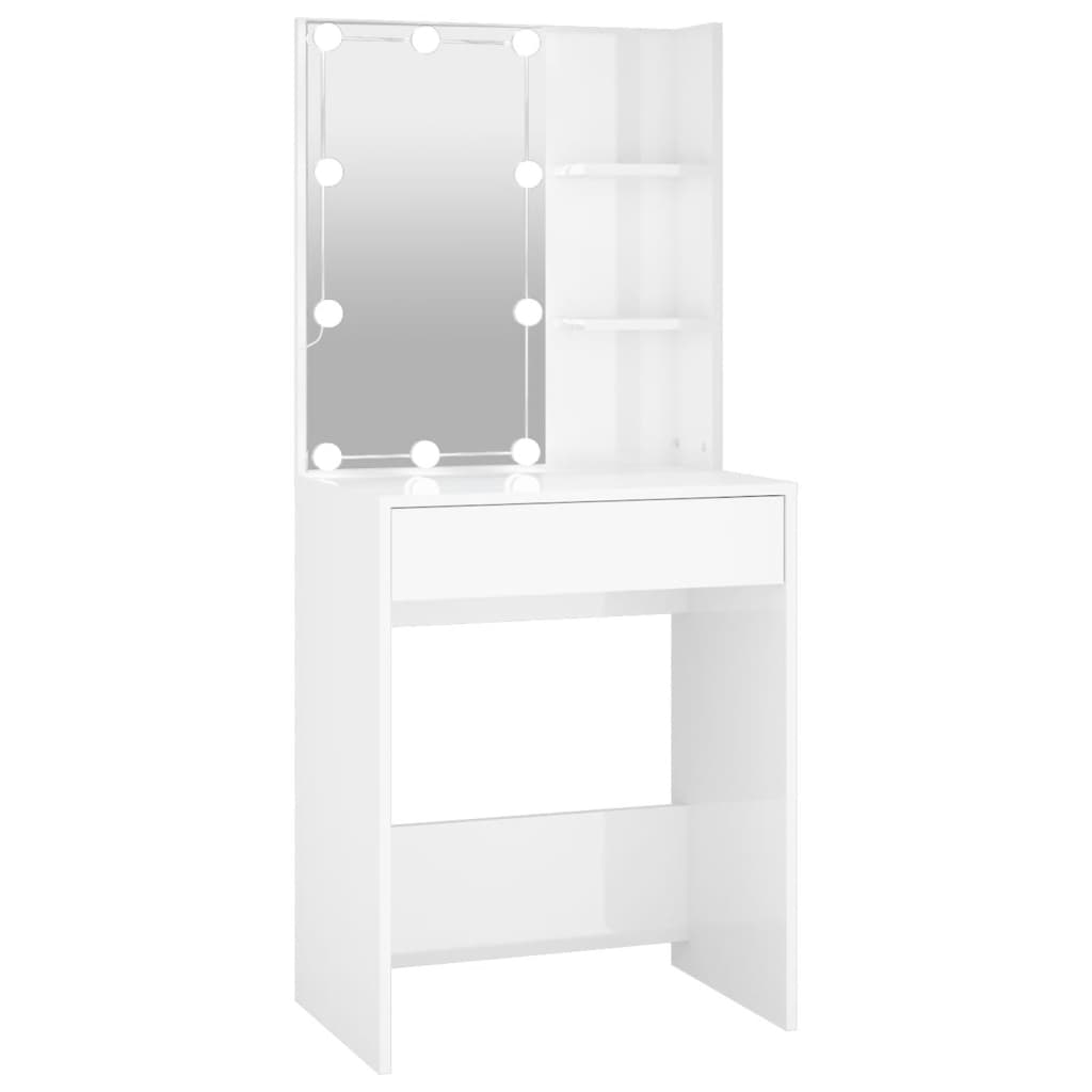 makeupbord med LED-lys 60x40x140 cm hvid højglans