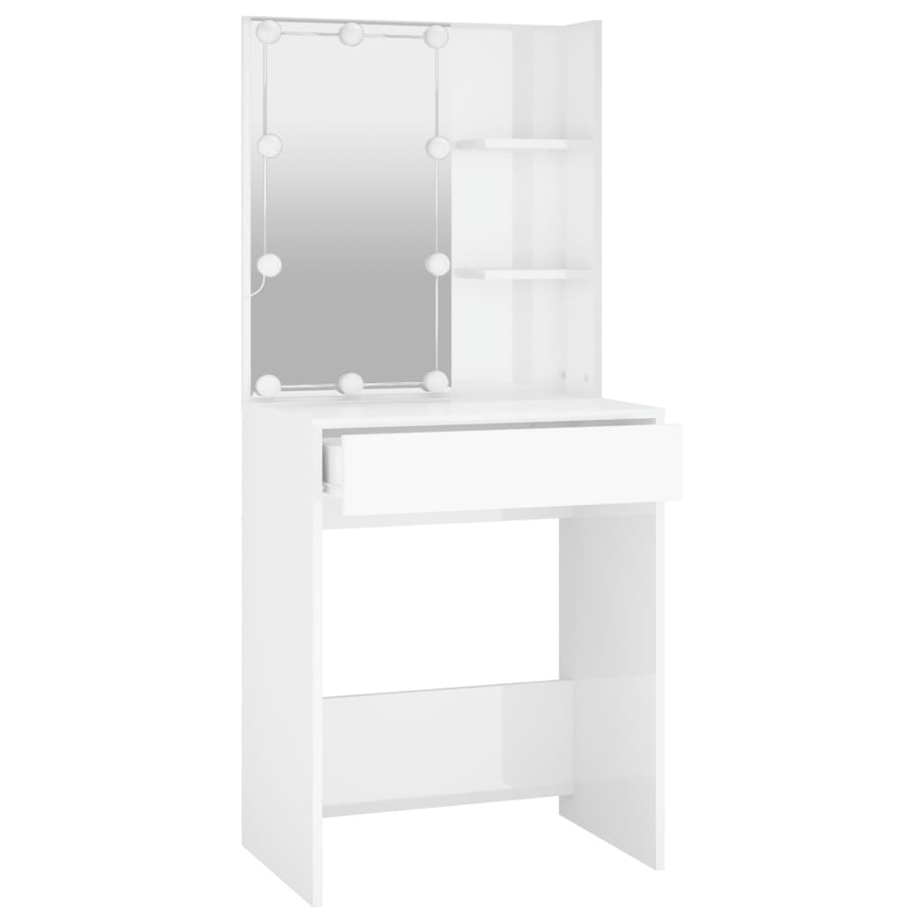 makeupbord med LED-lys 60x40x140 cm hvid højglans