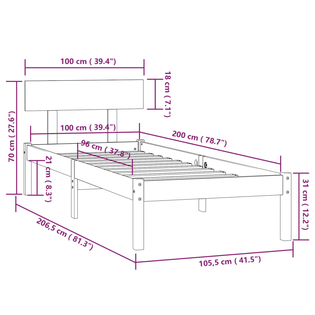sengeramme 100x200 cm massivt fyrretræ
