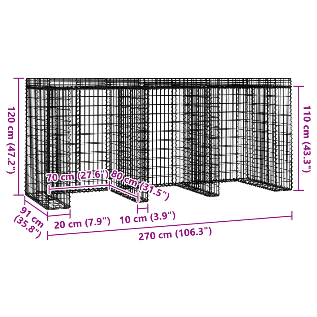 gabionvæg til skraldespand 270x91x120 cm galvaniseret jern