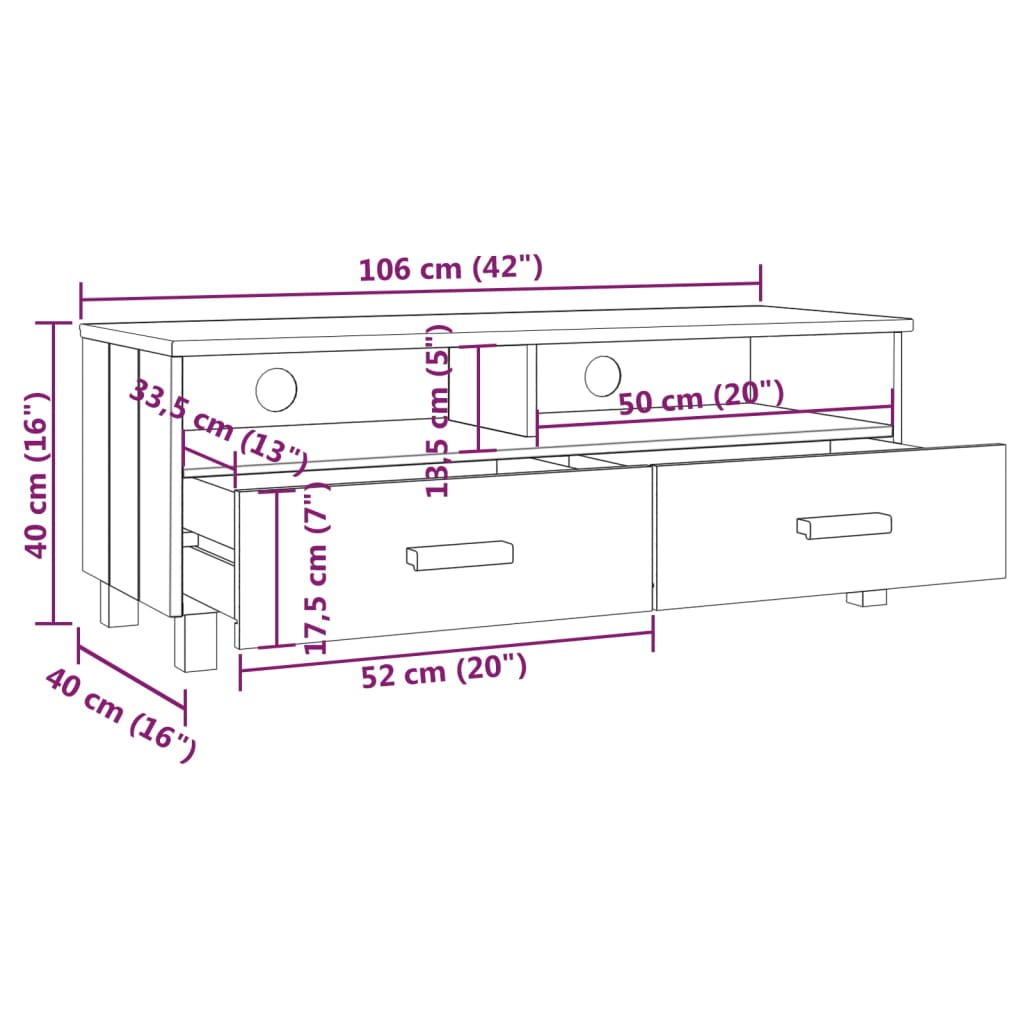 tv-skab HAMAR 106x40x40 cm massivt fyrretræ hvid