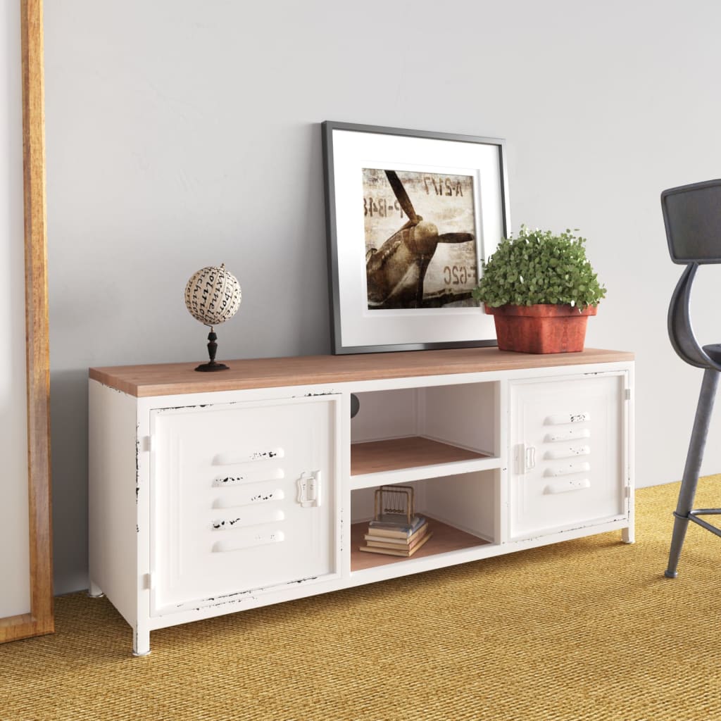 tv-bord 110x30x40 cm jern og massivt fyrretræ hvid