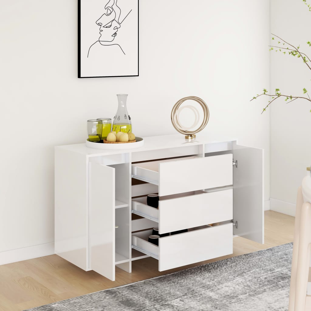 skænk med 3 skuffer120x41x75 cm konstrueret træ hvid højglans