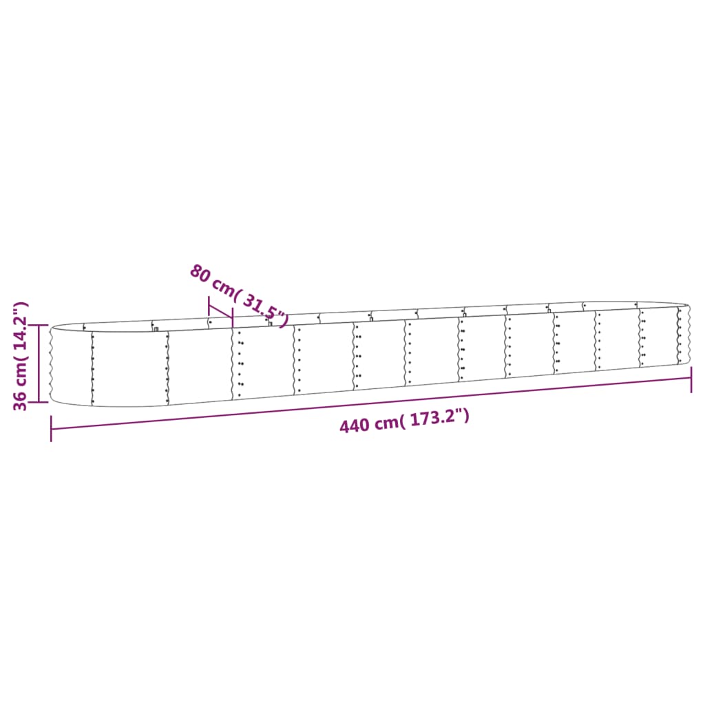 plantekrukke 440x80x36 cm pulverlakeret stål sølvfarvet