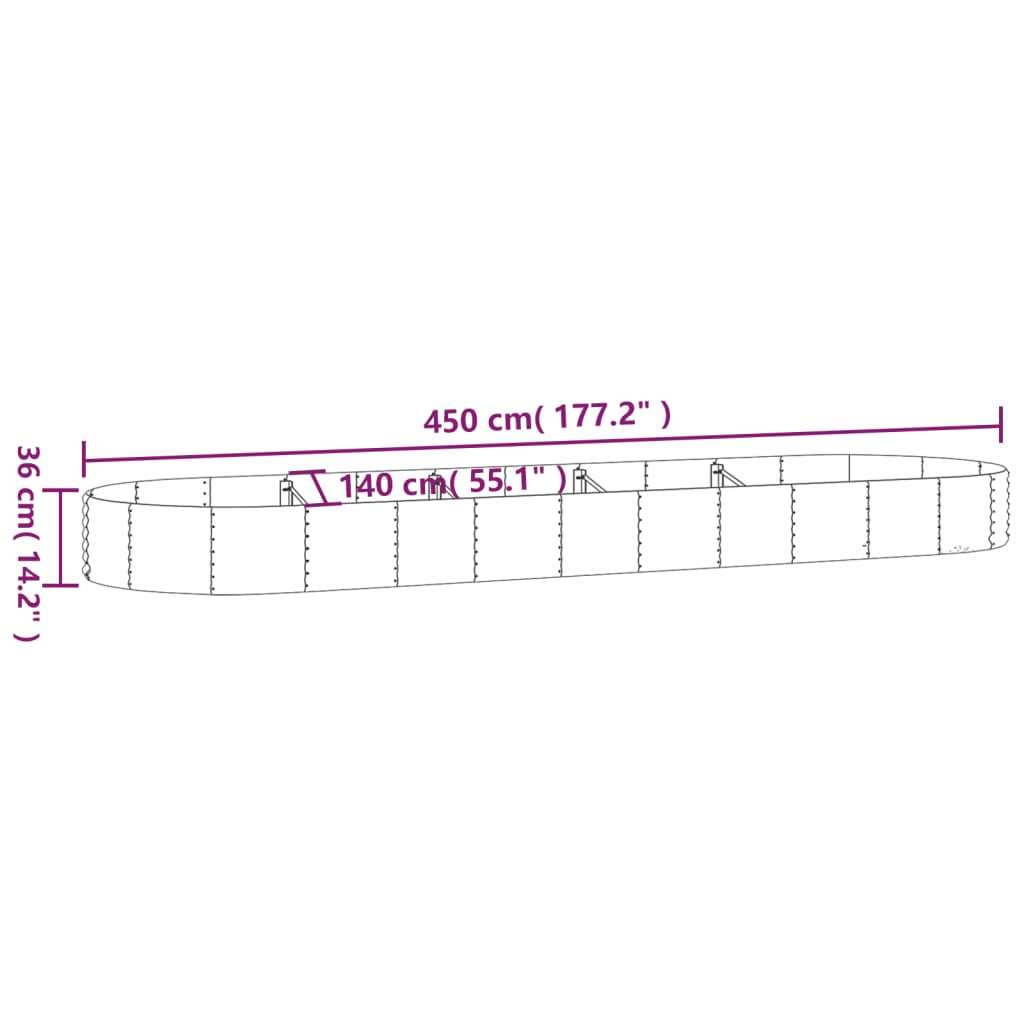 plantekasse 450x140x36 cm pulverlakeret stål sølvfarvet