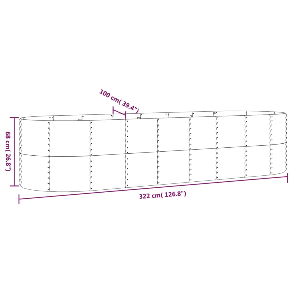 plantekasse 322x100x68 cm pulverlakeret stål grå