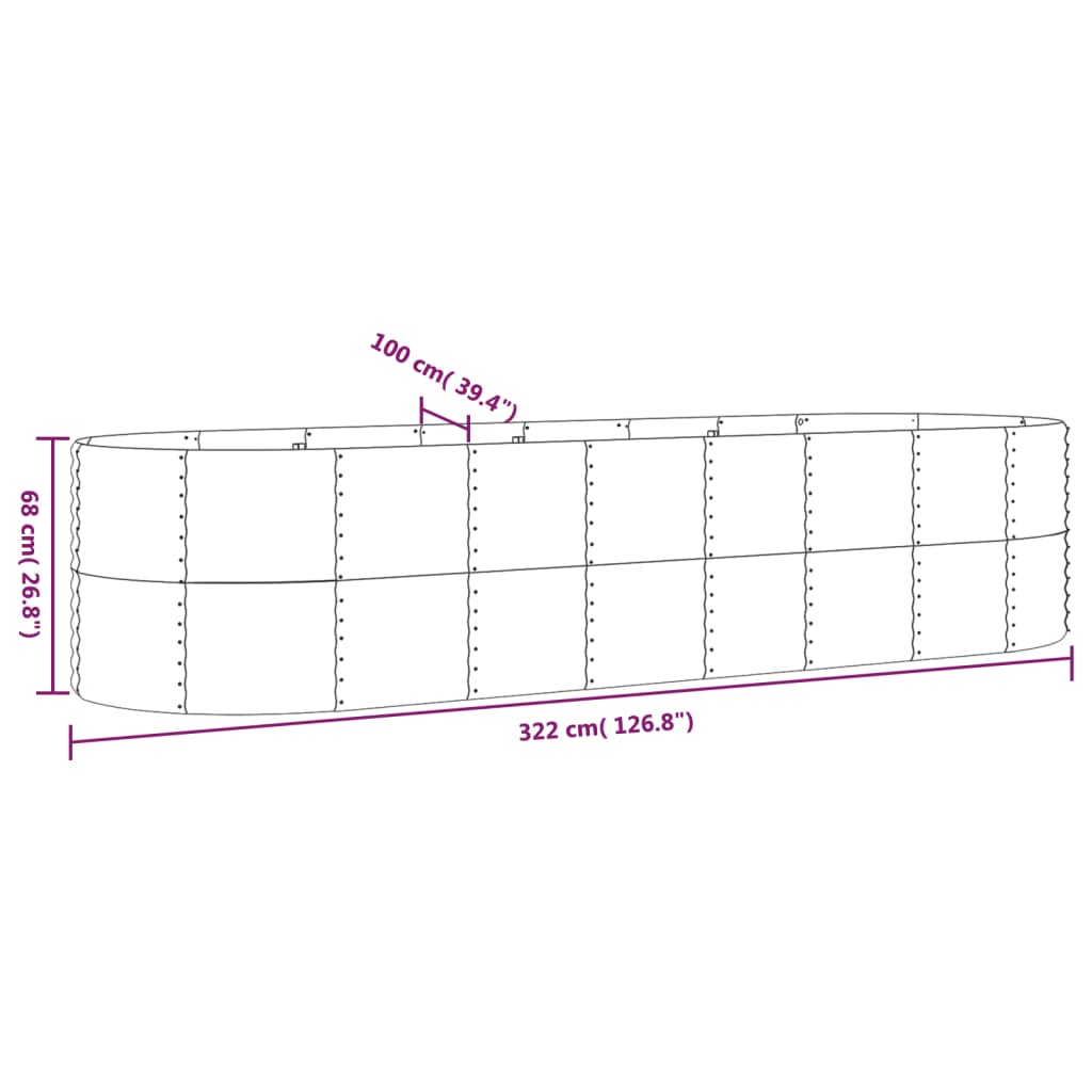 plantekasse 322x100x68 cm pulverlakeret stål sølvfarvet