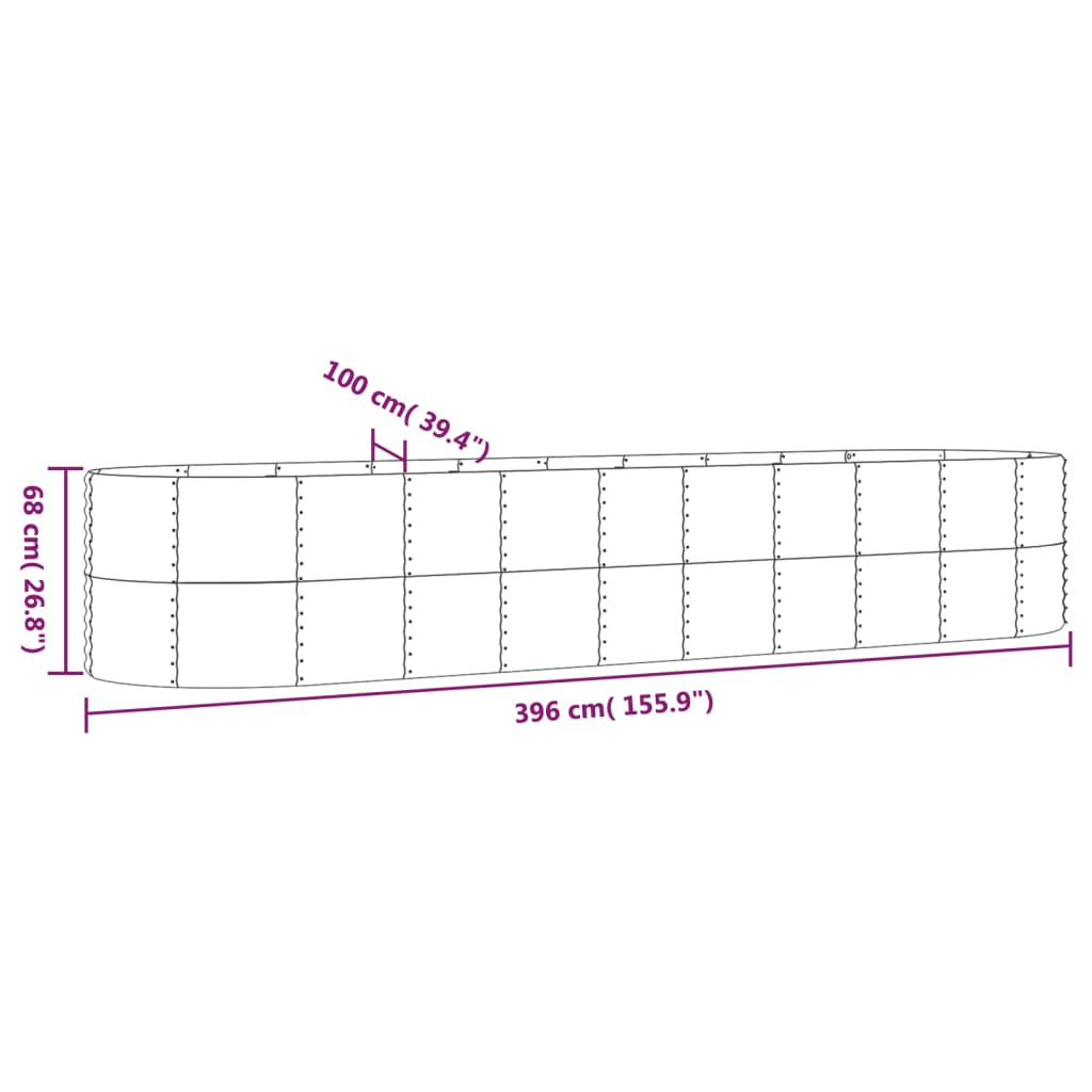 plantekasse 396x100x68 cm pulverlakeret stål sølvfarvet