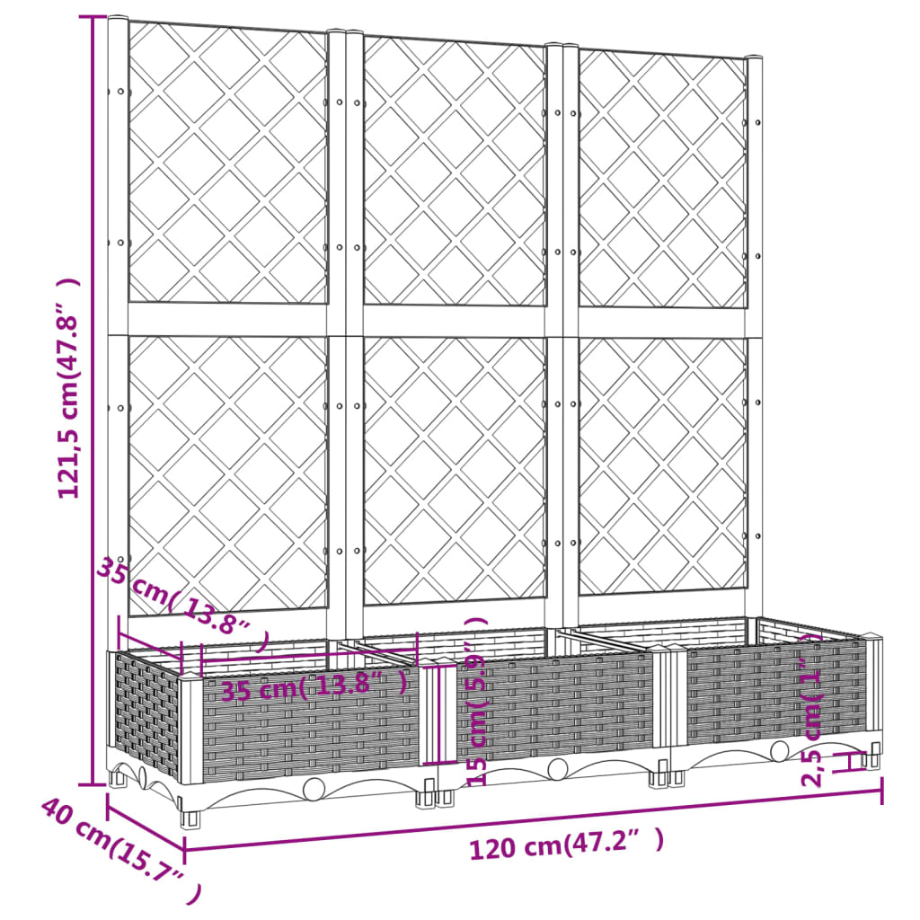 plantekasse med espalier 120x40x121,5 cm PP blågrå