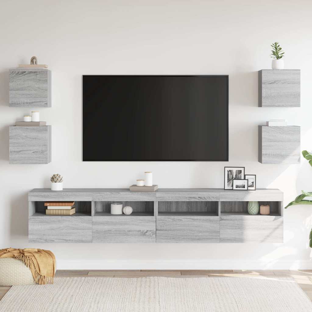 væghængtee tv-skab 4 stk. 30,5x30x30 cm grå og sonoma-eg
